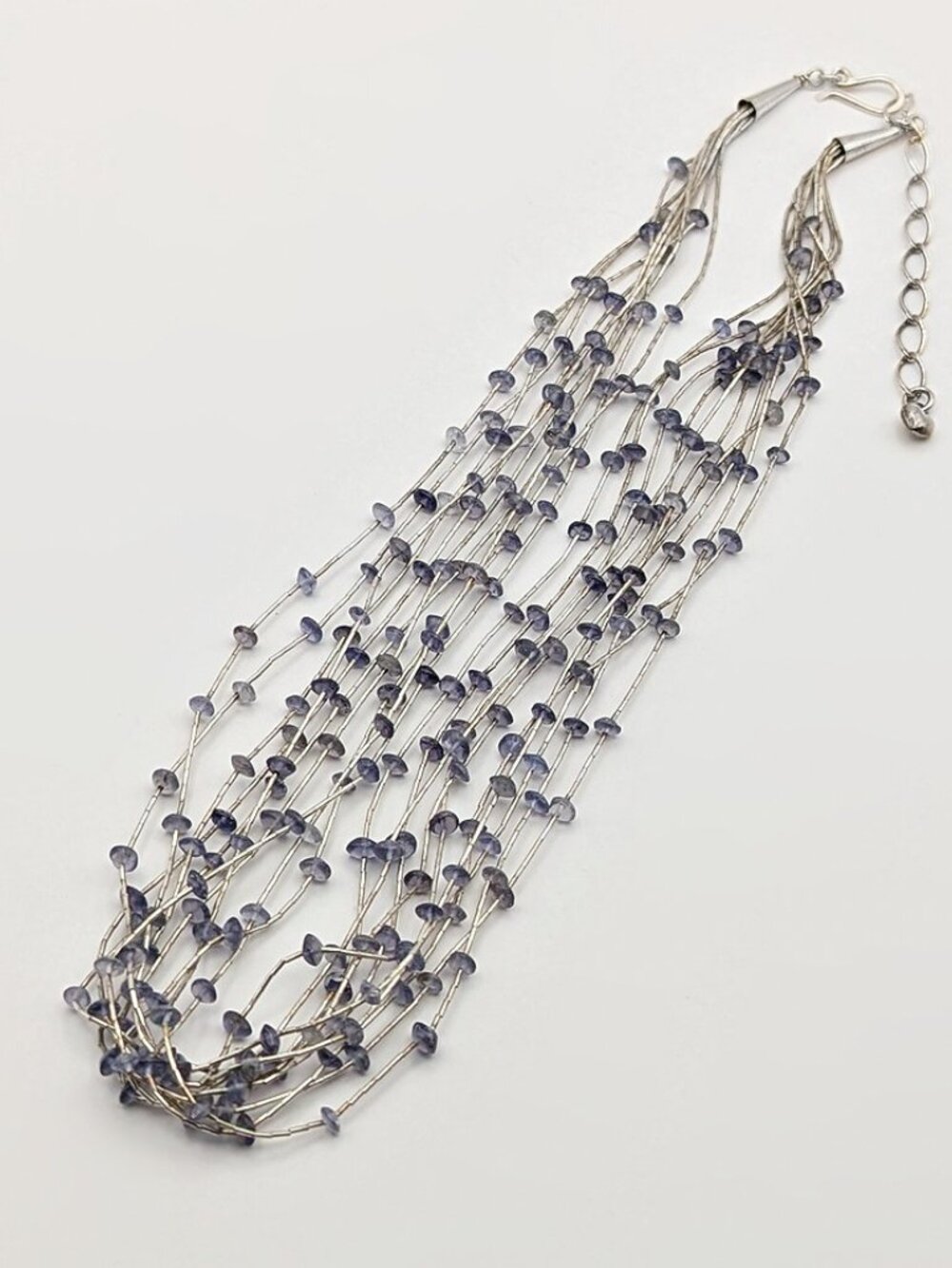 Vintage Sterling Silver Liquid Silver Amethyst 10 Strand Necklace